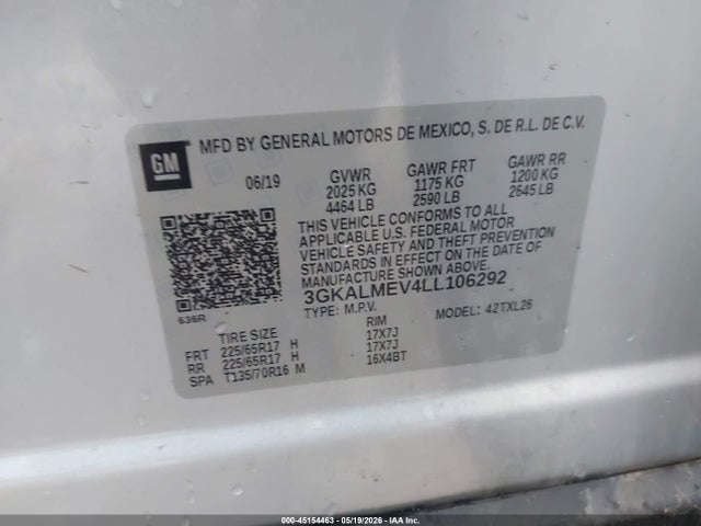 Aukcja sprzedaży 2020 Gmc Terrain Fwd Sle, vin: 3GKALMEV4LL106292, numer aukcji: 45154463