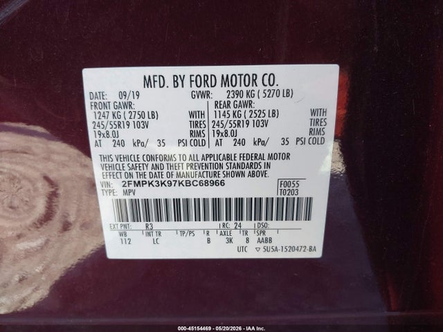 Aukcja sprzedaży 2019 Ford Edge Titanium, vin: 2FMPK3K97KBC68966, numer aukcji: 45154469