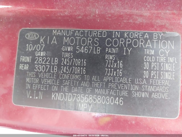 Aukcja sprzedaży 2008 Kia Sorento Lx, vin: KNDJD735685803046, numer aukcji: 45154474