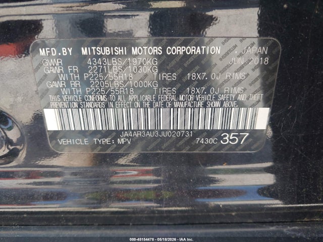 Aukcja sprzedaży 2018 Mitsubishi Outlander Sport 2.0 Es/2.0 Le, vin: JA4AR3AU3JU020731, numer aukcji: 45154478