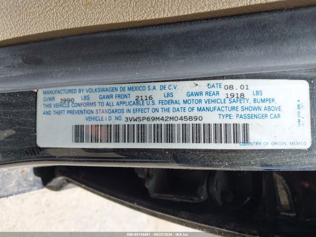 45154481 :رقم المزاد ، 3VWSP69M42M045890 vin ، 2002 Volkswagen Jetta Gls Tdi مزاد بيع