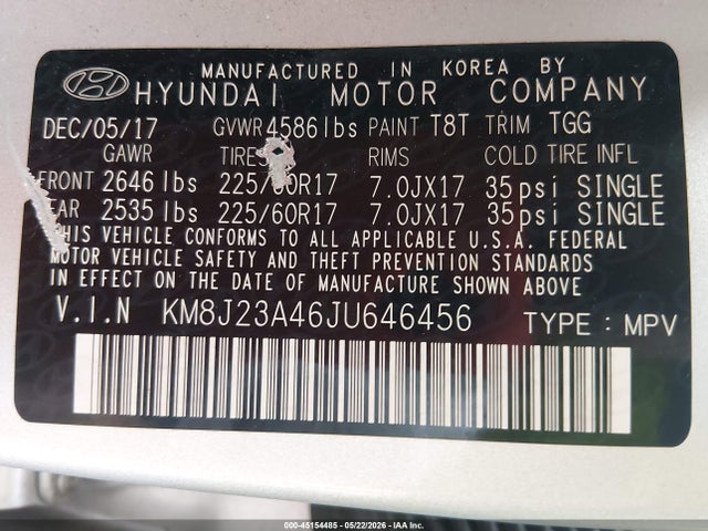 2018 Hyundai Tucson Se მანქანა იყიდება აუქციონზე, vin: KM8J23A46JU646456, აუქციონის ნომერი: 45154485