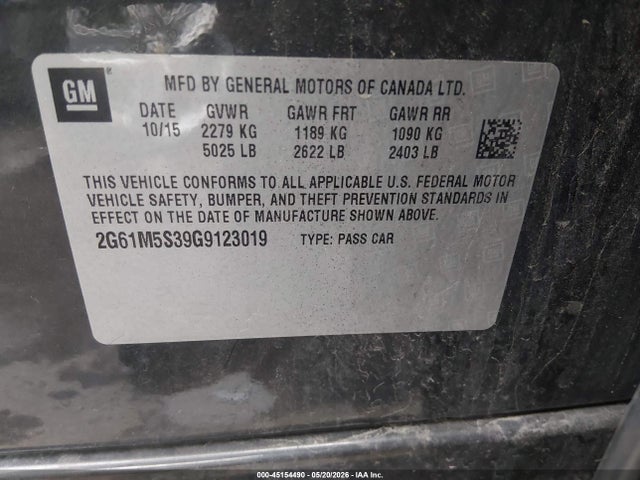 45154490 :رقم المزاد ، 2G61M5S39G9123019 vin ، 2016 Cadillac Xts Luxury Collection مزاد بيع