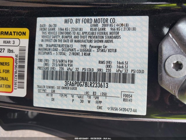 Ford FUSION S 2020 3FA6P0G78LR233613 Image 9