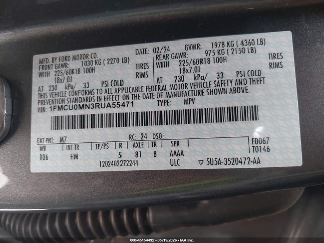 Продажа на аукционе авто 2024 Ford Escape St-line, vin: 1FMCU0MN3RUA55471, номер лота: 45154492