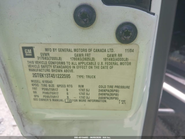 Продаж на аукціоні авто 2005 Gmc Sierra 1500 Sle, vin: 2GTEK13T451222595, номер лоту: 45154493