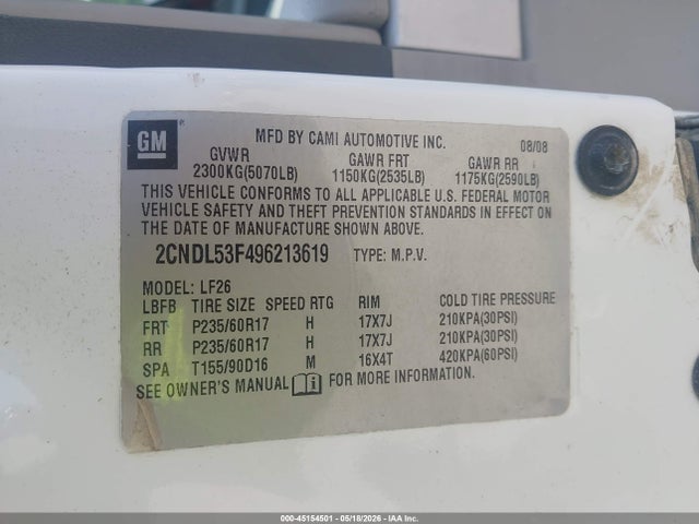 2009 Chevrolet Equinox Lt მანქანა იყიდება აუქციონზე, vin: 2CNDL53F496213619, აუქციონის ნომერი: 45154501