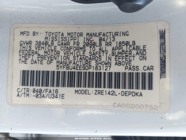 Продажа на аукционе авто 2013 Toyota Corolla L, vin: 5YFBU4EE9DP183127, номер лота: 45154509
