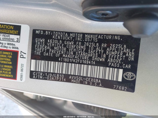 Продажа на аукционе авто 2015 Toyota Camry Hybrid Xle, vin: 4T1BD1FK2FU169414, номер лота: 45154518