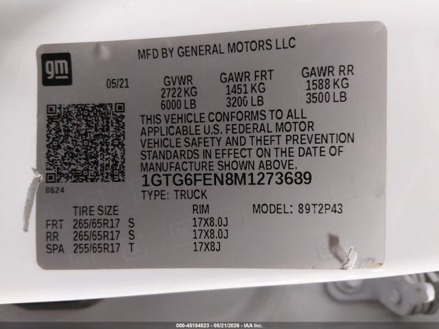 45154523 :رقم المزاد ، 1GTG6FEN8M1273689 vin ، 2021 Gmc Canyon 4wd  Short Box At4 - Leather مزاد بيع