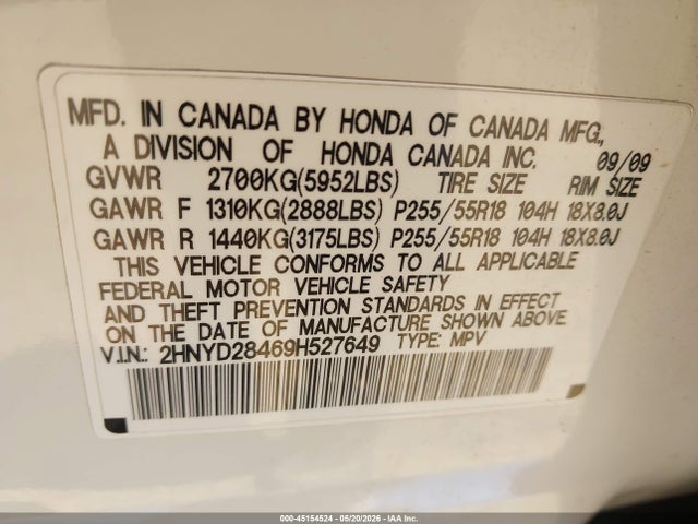 2009 Acura Mdx Technology Package მანქანა იყიდება აუქციონზე, vin: 2HNYD28469H527649, აუქციონის ნომერი: 45154524