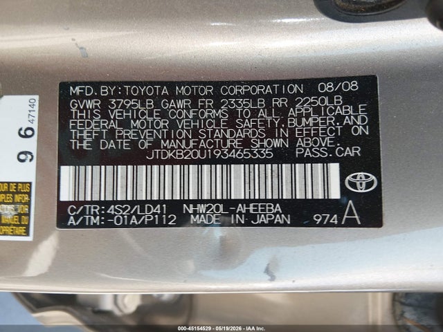 Aukcja sprzedaży 2009 Toyota Prius Touring, vin: JTDKB20U193465335, numer aukcji: 45154529