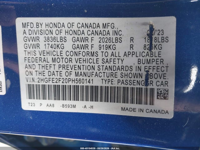 2HGFE2F20PH560141 Honda Civic Lx