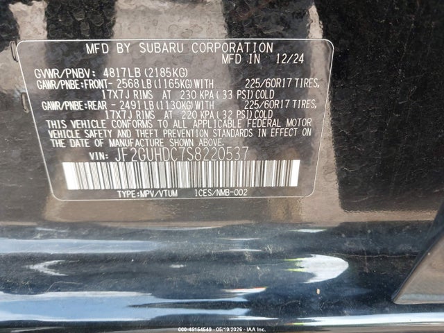 2025 Subaru Crosstrek Premium მანქანა იყიდება აუქციონზე, vin: JF2GUHDC7S8220537, აუქციონის ნომერი: 45154549