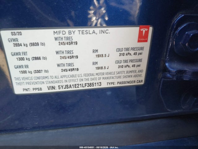 Aukcja sprzedaży 2020 Tesla Model S Long Range Dual Motor All-wheel Drive/long Range Plus Dual Motor All-wheel Drive, vin: 5YJSA1E21LF385113, numer aukcji: 45154551