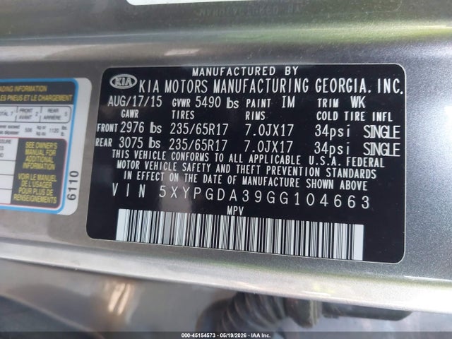 45154573 :رقم المزاد ، 5XYPGDA39GG104663 vin ، 2016 Kia Sorento 2.4l Lx مزاد بيع