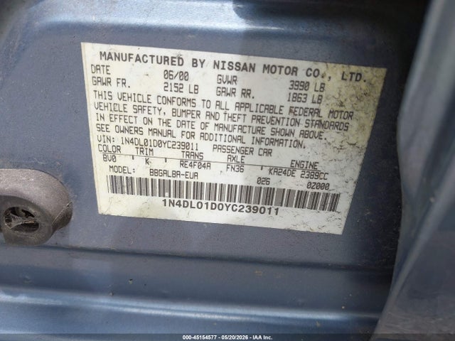 Продаж на аукціоні авто 2000 Nissan Altima Gle/gxe/se/xe, vin: 1N4DL01D0YC239011, номер лоту: 45154577