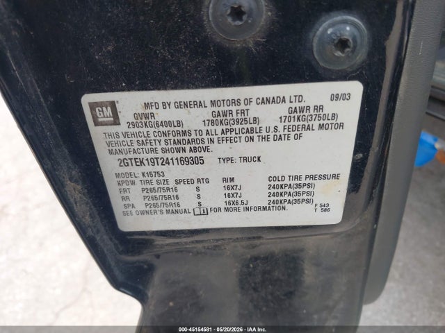 45154581 :رقم المزاد ، 2GTEK19T241169305 vin ، 2004 Gmc Sierra 1500 Sle مزاد بيع