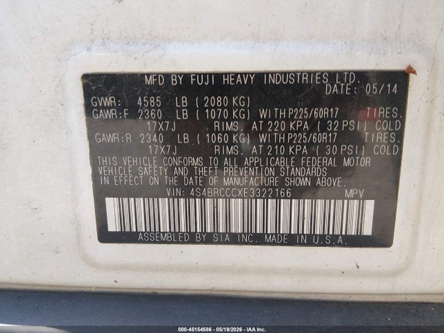 Продажа на аукционе авто 2014 Subaru Outback 2.5i Premium, vin: 4S4BRCCCXE3322166, номер лота: 45154586
