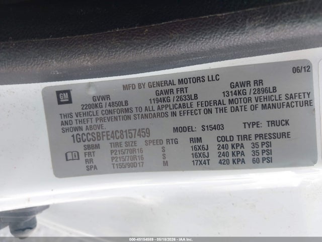 Продажа на аукционе авто 2012 Chevrolet Colorado Work Truck, vin: 1GCCSBFE4C8157459, номер лота: 45154589