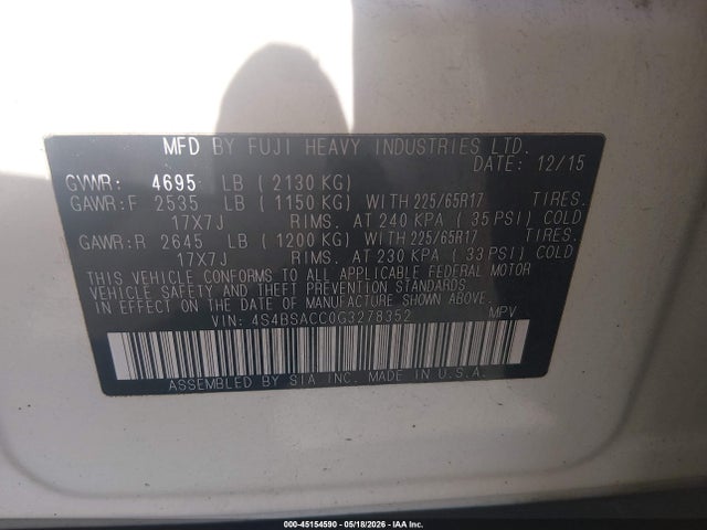 Продаж на аукціоні авто 2016 Subaru Outback 2.5i Premium, vin: 4S4BSACC0G3278352, номер лоту: 45154590