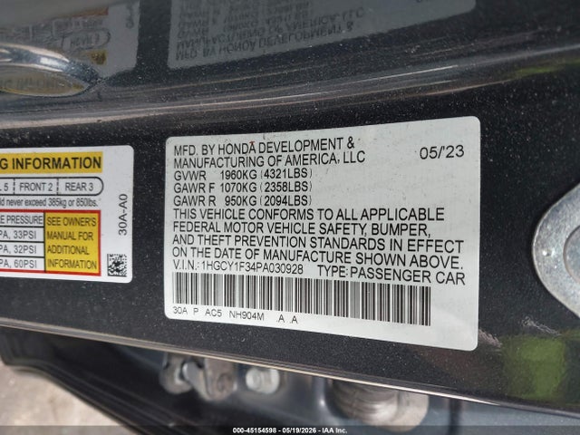 Aukcja sprzedaży 2023 Honda Accord Ex, vin: 1HGCY1F34PA030928, numer aukcji: 45154598