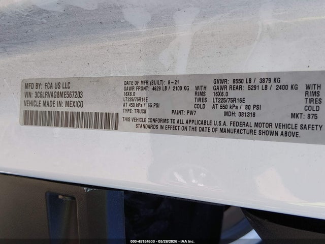 Auction sale of the 2021 Ram Promaster 1500 Low Roof 136 Wb, vin: 3C6LRVAG8ME567203, lot number: 45154600