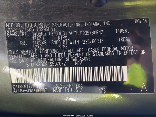 2014 Toyota Sienna Le V6 8 Passenger მანქანა იყიდება აუქციონზე, vin: 5TDKK3DC9ES507072, აუქციონის ნომერი: 45154605