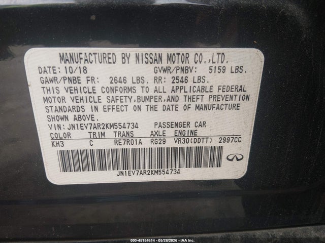 45154614 :رقم المزاد ، JN1EV7AR2KM554734 vin ، 2019 Infiniti Q50 3.0t Luxe مزاد بيع