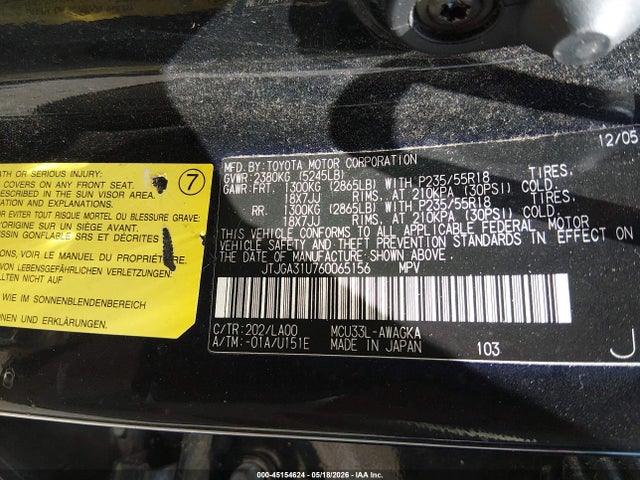 45154624 :رقم المزاد ، JTJGA31U760065156 vin ، 2006 Lexus Rx 330 مزاد بيع
