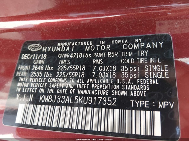 45154625 :رقم المزاد ، KM8J33AL5KU917352 vin ، 2019 Hyundai Tucson Sel مزاد بيع