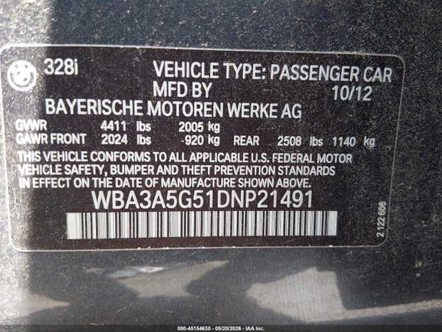 Продаж на аукціоні авто 2013 Bmw 328i, vin: WBA3A5G51DNP21491, номер лоту: 45154630