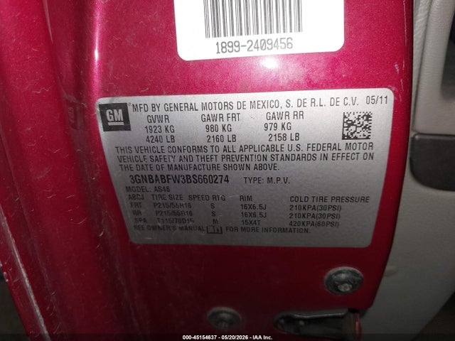 2011 Chevrolet Hhr Lt მანქანა იყიდება აუქციონზე, vin: 3GNBABFW3BS660274, აუქციონის ნომერი: 45154637