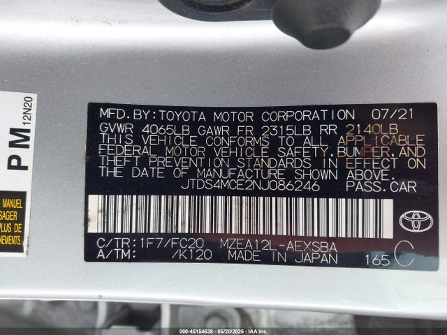 Aukcja sprzedaży 2022 Toyota Corolla Se, vin: JTDS4MCE2NJ086246, numer aukcji: 45154638