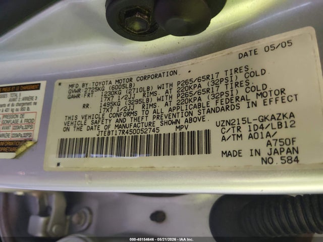 Aukcja sprzedaży 2005 Toyota 4runner Limited V8, vin: JTEBT17R450052745, numer aukcji: 45154646