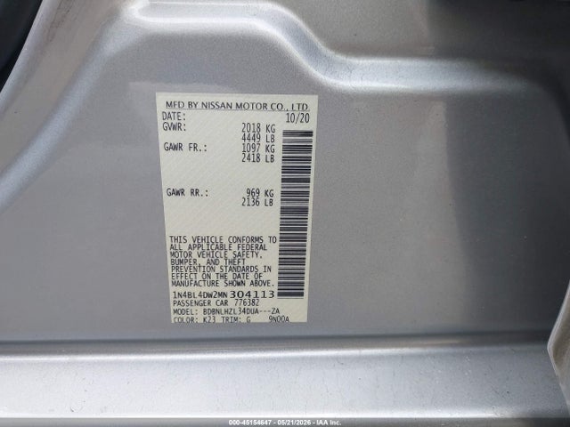 Aukcja sprzedaży 2021 Nissan Altima Sv Intelligent Awd, vin: 1N4BL4DW2MN304113, numer aukcji: 45154647