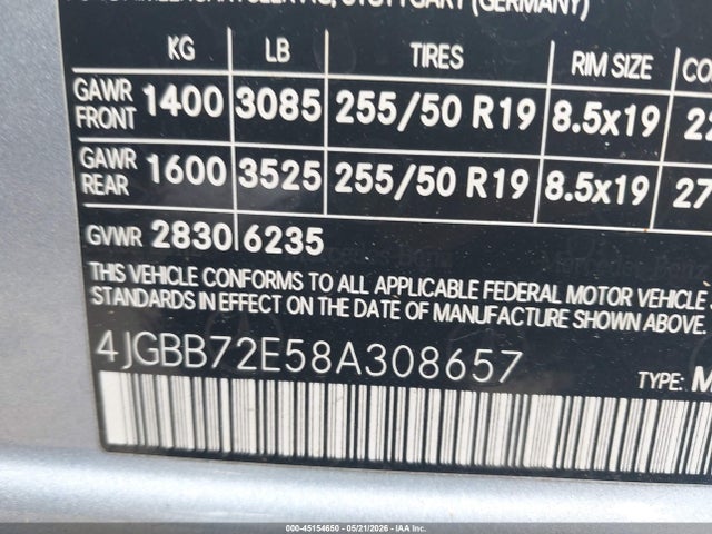 Aukcja sprzedaży 2008 Mercedes-benz Ml 550 4matic, vin: 4JGBB72E58A308657, numer aukcji: 45154650