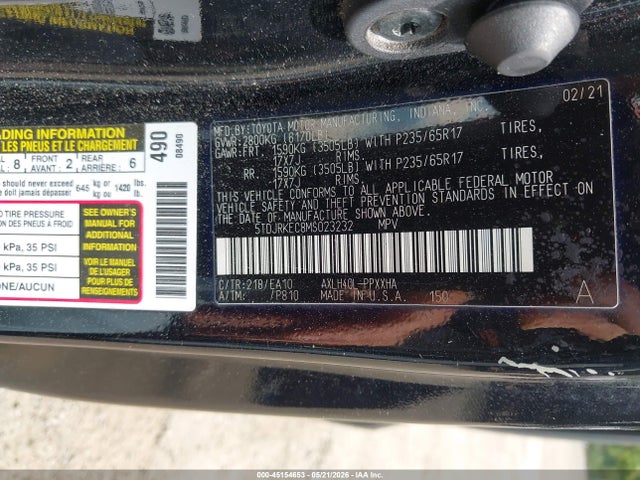 Продажа на аукционе авто 2021 Toyota Sienna Xle, vin: 5TDJRKEC8MS023232, номер лота: 45154653