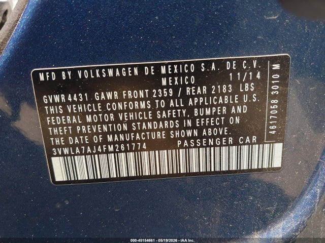 45154661 :رقم المزاد ، 3VWLA7AJ4FM261774 vin ، 2015 Volkswagen Jetta 2.0l Tdi Se مزاد بيع