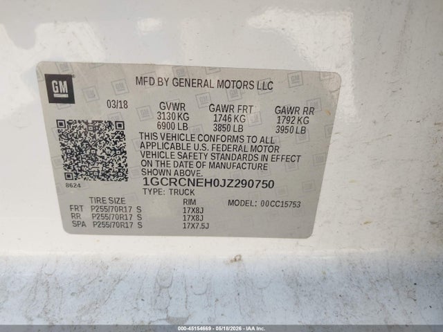 Aukcja sprzedaży 2018 Chevrolet Silverado 1500 Wt, vin: 1GCRCNEH0JZ290750, numer aukcji: 45154669