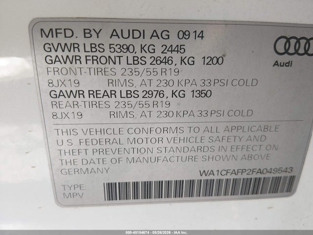 45154674 :رقم المزاد ، WA1CFAFP2FA049543 vin ، 2015 Audi Q5 2.0t Premium مزاد بيع