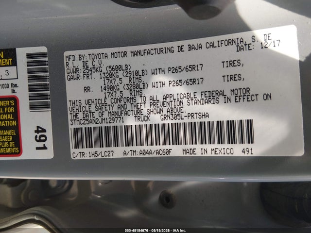 2018 Toyota Tacoma Trd Sport მანქანა იყიდება აუქციონზე, vin: 3TMCZ5AN2JM129771, აუქციონის ნომერი: 45154676