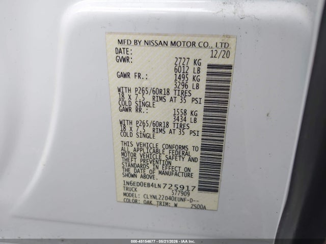 2020 Nissan Frontier Sv 4x4 მანქანა იყიდება აუქციონზე, vin: 1N6ED0EB4LN725917, აუქციონის ნომერი: 45154677