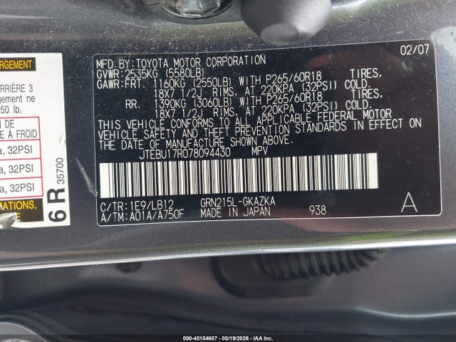 Aukcja sprzedaży 2007 Toyota 4runner Limited V6, vin: JTEBU17R078094430, numer aukcji: 45154687