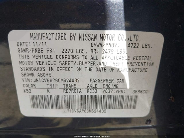 Продажа на аукционе авто 2012 Infiniti G37 Journey, vin: JN1CV6AP6CM624432, номер лота: 45154692