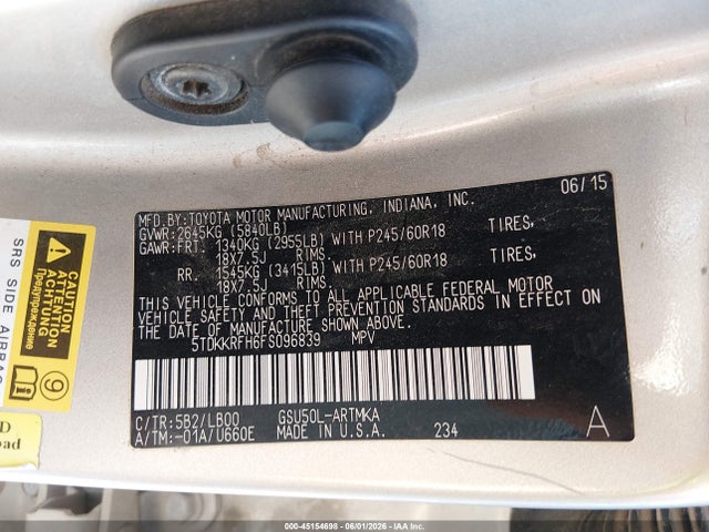 2015 Toyota Highlander Xle V6 მანქანა იყიდება აუქციონზე, vin: 5TDKKRFH6FS096839, აუქციონის ნომერი: 45154698