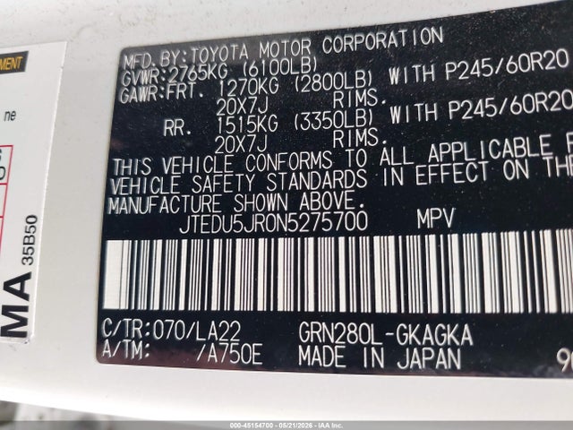 Aukcja sprzedaży 2022 Toyota 4runner Limited, vin: JTEDU5JR0N5275700, numer aukcji: 45154700