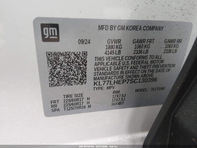 45154704 :رقم المزاد ، KL77LHEP7SC130396 vin ، 2025 Chevrolet Trax Fwd Lt مزاد بيع