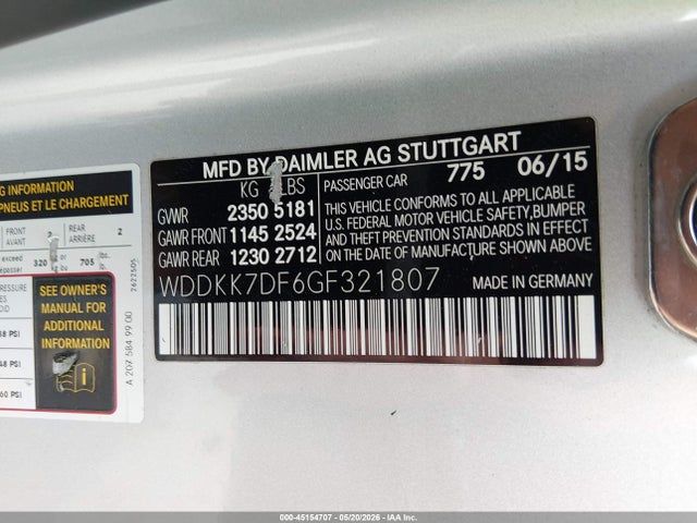 Aukcja sprzedaży 2016 Mercedes-benz E 550, vin: WDDKK7DF6GF321807, numer aukcji: 45154707