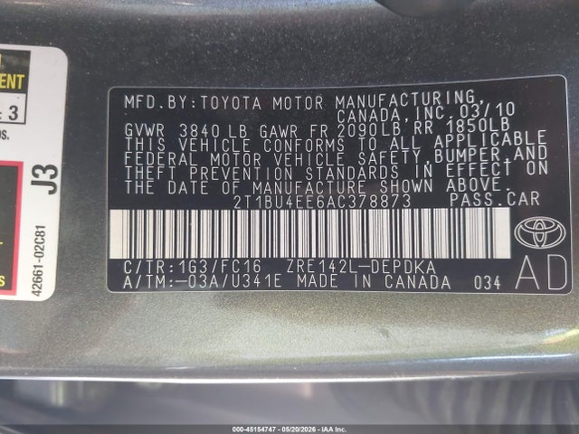 Продаж на аукціоні авто 2010 Toyota Corolla Le, vin: 2T1BU4EE6AC378873, номер лоту: 45154747